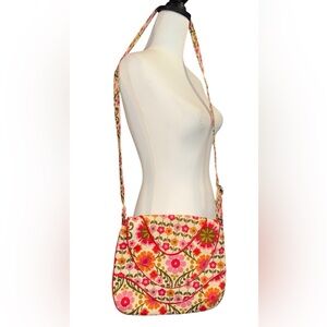 Vera Bradley Pink Floral Flower Pattern Cotton Large Flat Crossbody Bag Purse